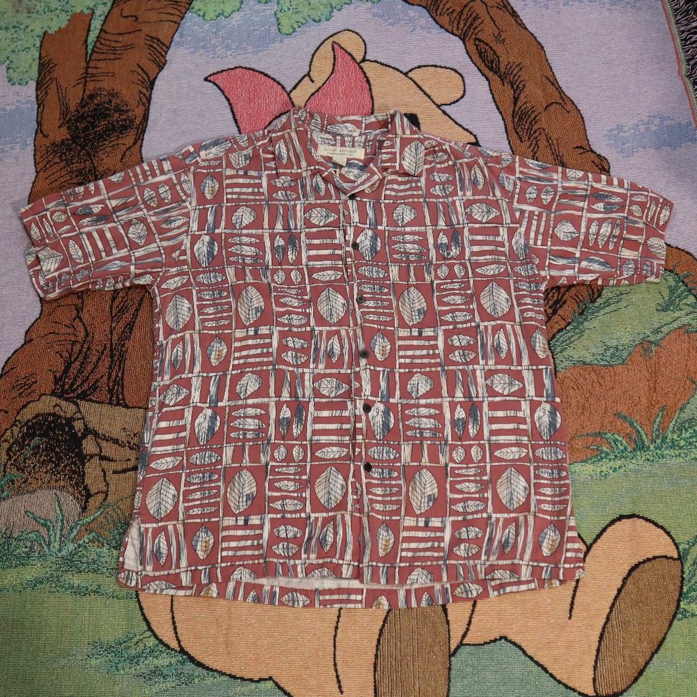 Vintage Island Republic Hawaiian Shirt 100% Silk Striped Leaf Pattern Mens Large